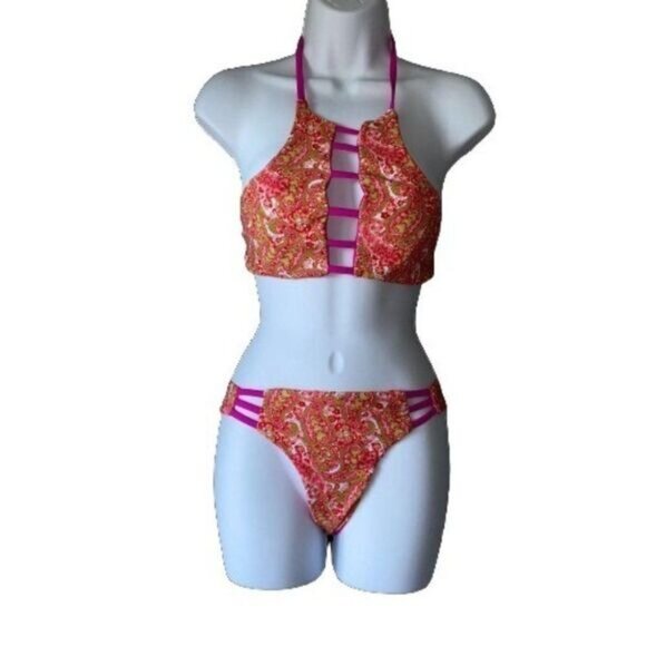 Strappy High-Neck Bikini Top Two Piece Swimsuits Side Strap Bottom Swimwear - Picture 8 of 8